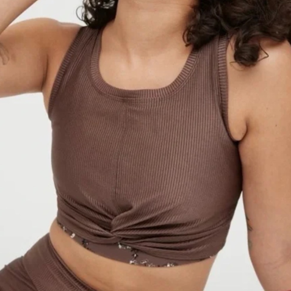 Offline By Aerie Women S Brown Longline Ribbed Shine Twist Front Sports Bra